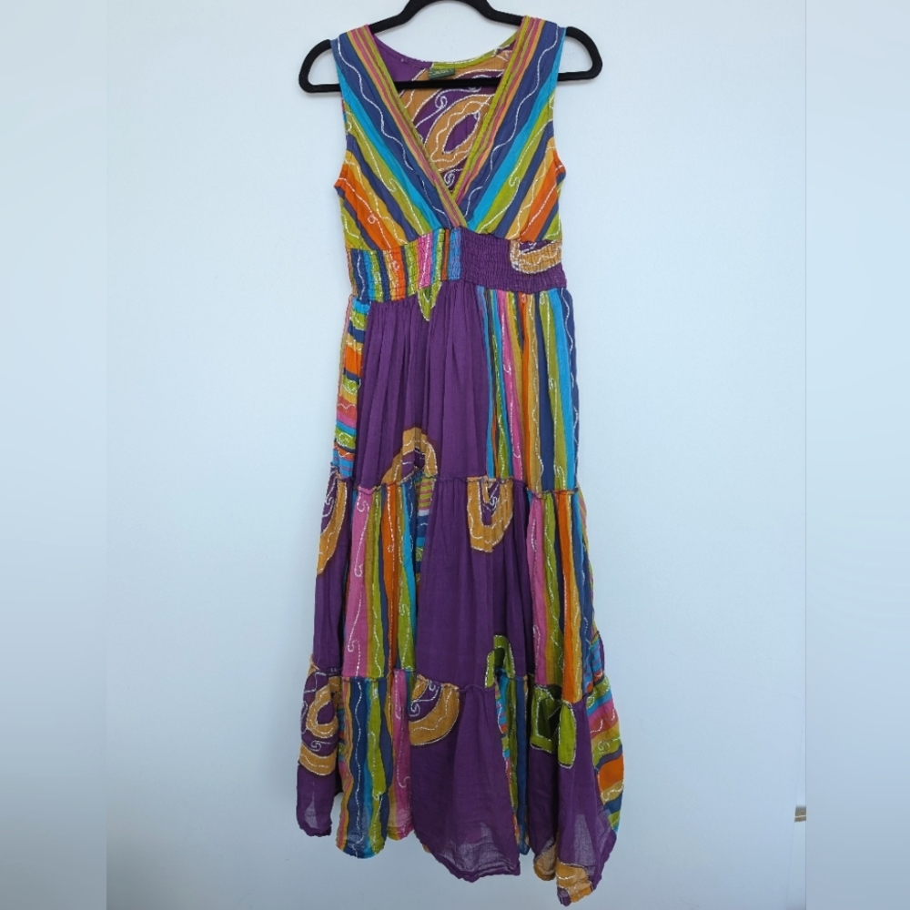 100% Cotton Art To Wear Boho Colorful Striped Sleeveless Maxi Dress Sz S JackPot